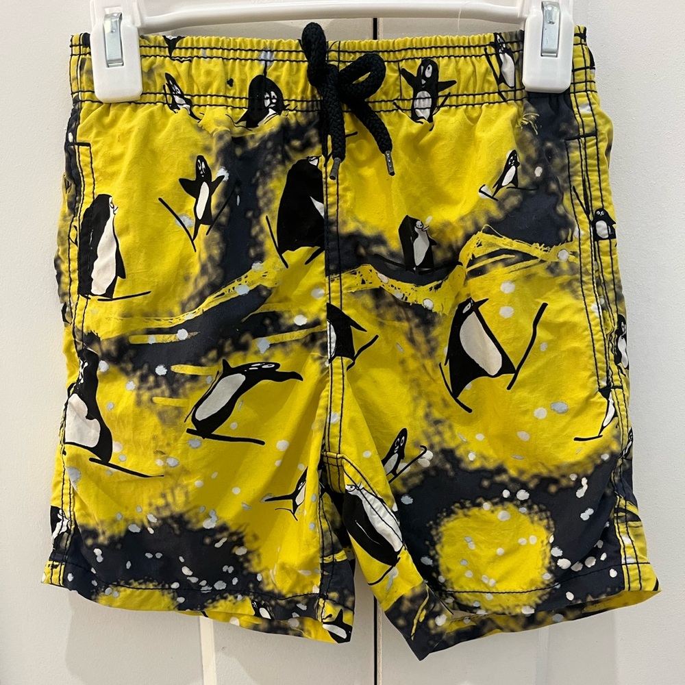 Vilebrequin Yellow Black Penguin Print Kids Swim Trunks